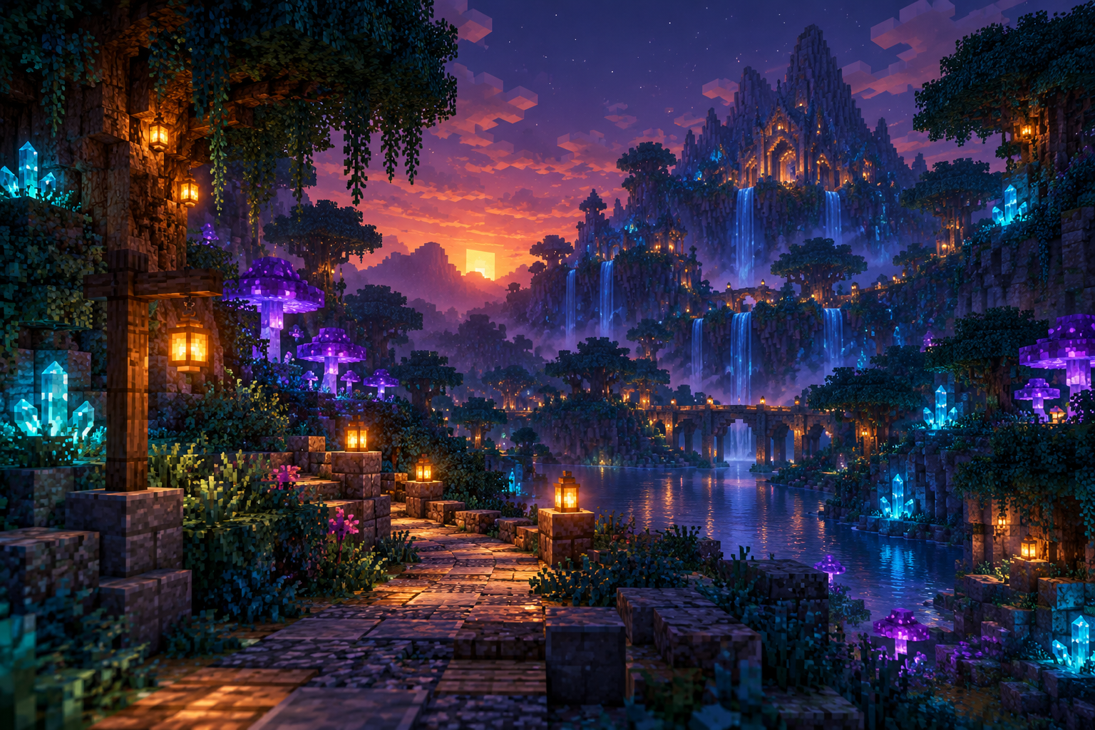 Paisagem de blocos com uma base de jogo ao entardecer